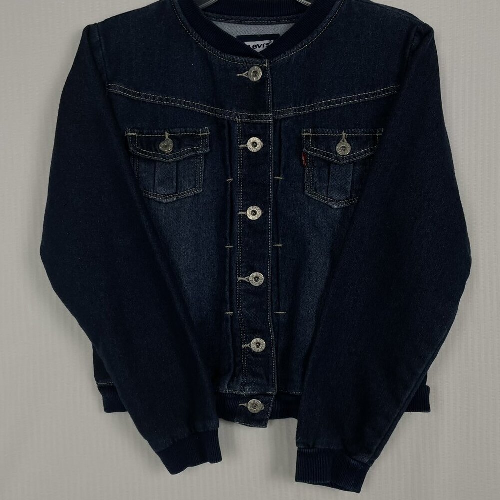 Levis Denim Jacket Bomber Style Collarless Button Front Blue Youth Sz LG